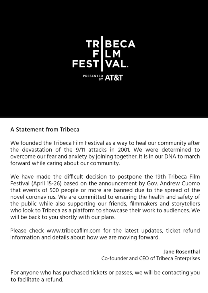 2020 Tribeca Film Festival Postponed Until Further Notice 1